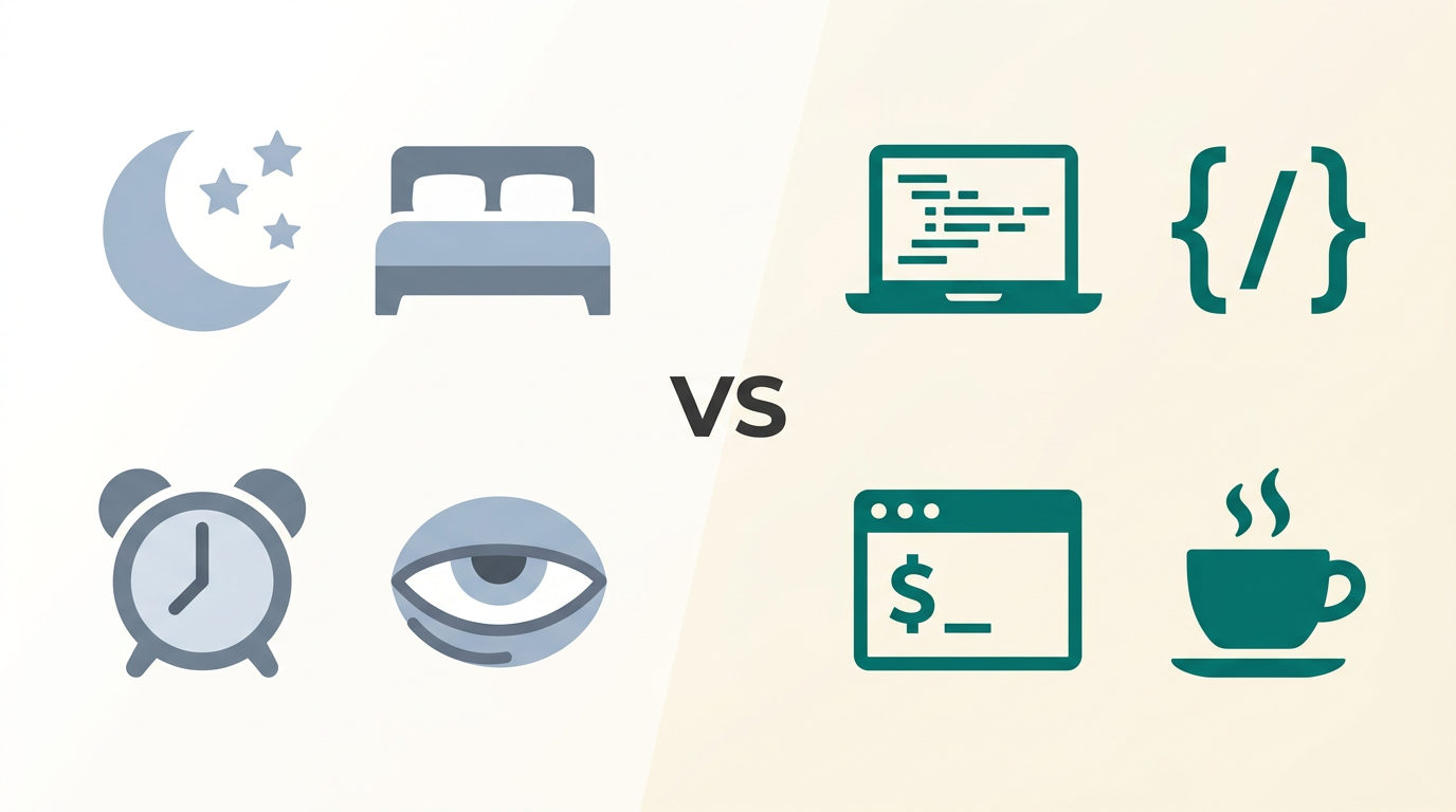 Minimal icons contrasting sleep and fatigue with developer tools and work—sleep loss versus software development.